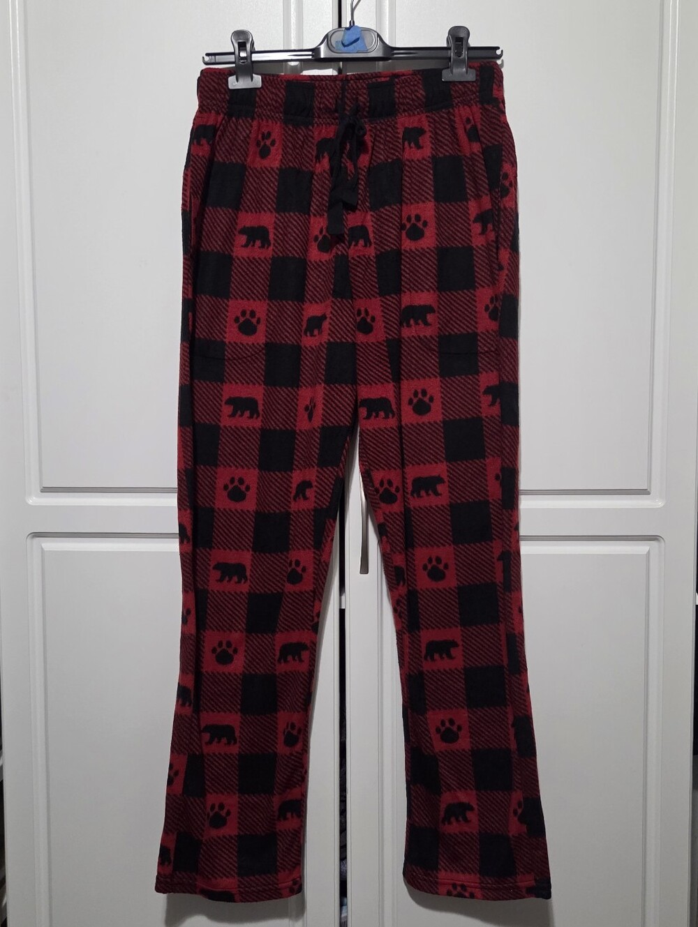 Cuddl Duds Mens Red Black Buffalo Plaid Fleece Bear Paw Print Sleepwear Pj Pants